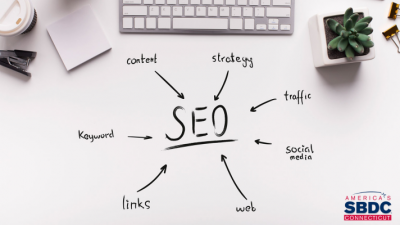 CTSBDC SEO Tips - Image includes the word SEO at the center, surrounded by the words "content," "strategy," "traffic," "social media," "web," "links," and "keyword," as elements of SEO.
