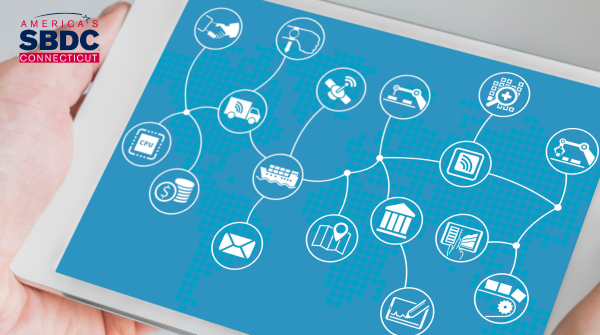 The image shows a tablet with interconnected icons representing business and technology concepts, such as finance, transportation, and manufacturing, on a blue background. The "America's SBDC Connecticut" logo is in the top-left corner.This image is perfect for the January 30, 2025, webinar: "Kickstart Your Startup with a Lean Business Model", as it visually represents innovation, connectivity, and essential business concepts—all key themes for startup success.