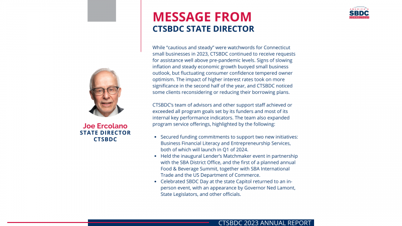 ANNUAL REPORT 2023 - CTSBDC STATE DIRECTOR JOE ERCOLANO