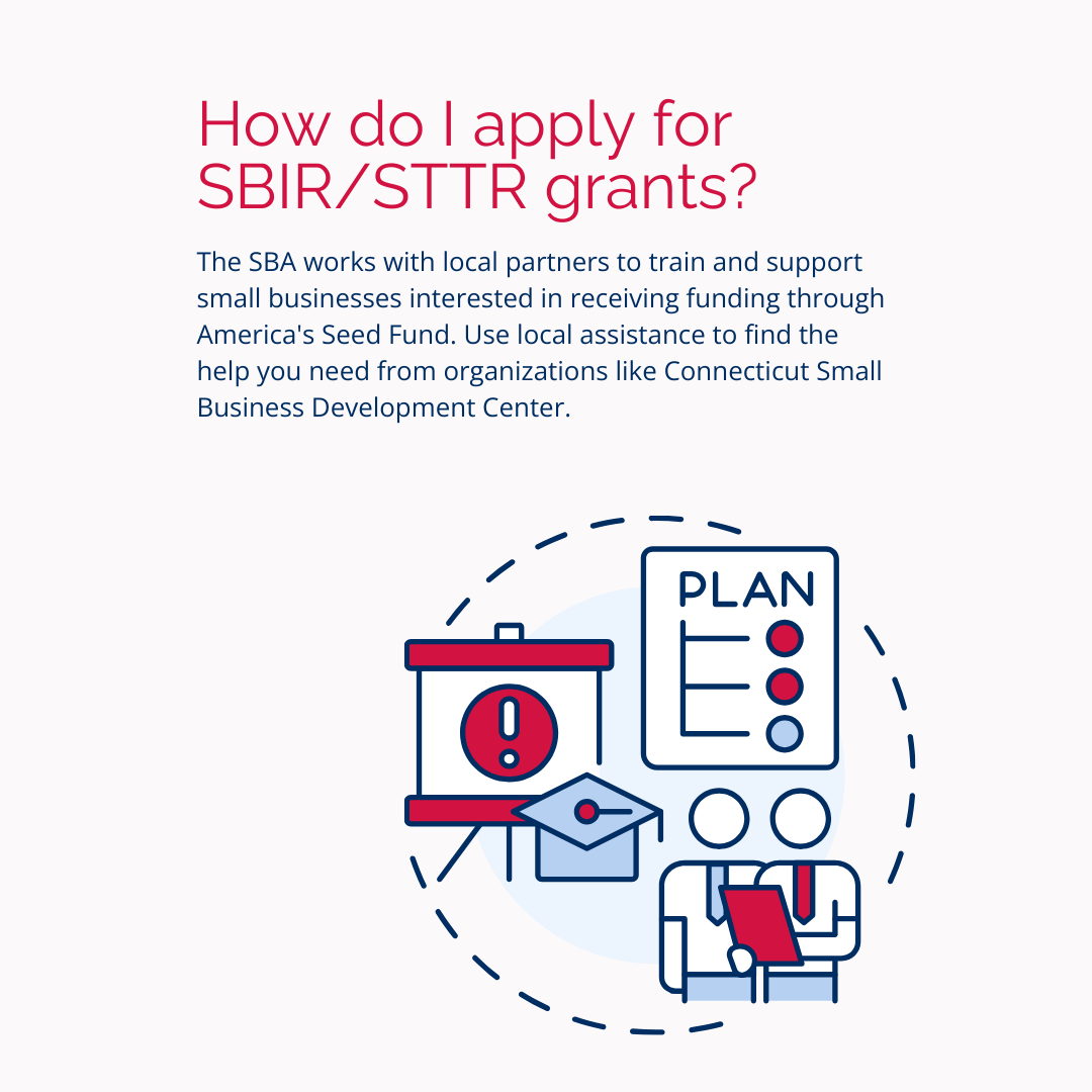 How do I apply for SBIR/STTR grants? The SBA works with local partners to train and support small businesses interested in receiving funding through America's Seed Fund. Use local assistance to find the help you need from organizations like Connecticut Small Business Development Center.