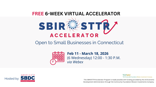 A promotional image for SBIR/STTR Accelerator program with the February start date for the new cohort.