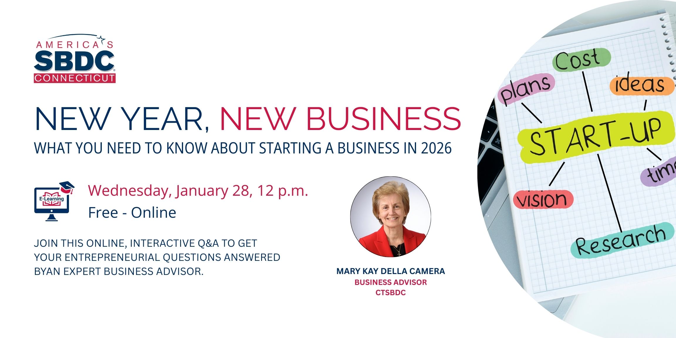 A promotional image with the details of the New Year, New Business Webinar