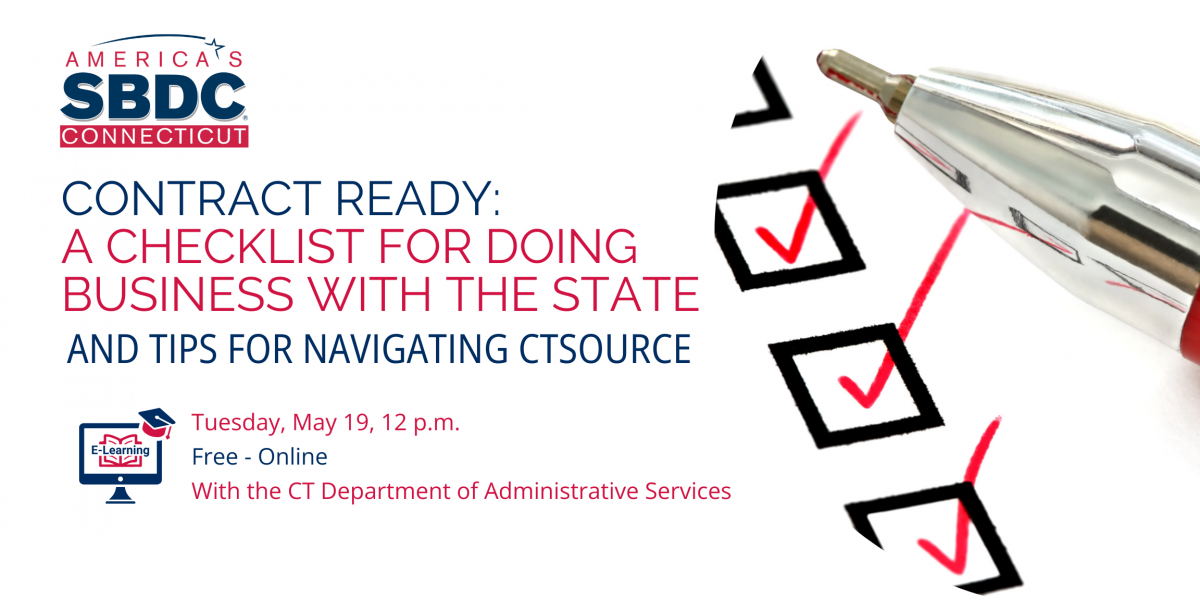 A promotional image for the "Contract Ready: A Checklist for Doing Business with the State and Tips for Navigating CT Source" online learning session