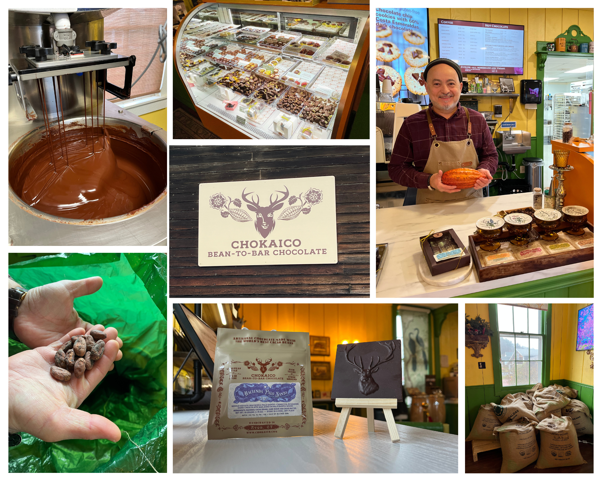 A collage of pictures of Chokaico chocolate, cacao beans, chocolate being made, and owner Fernando Velez behind the counter