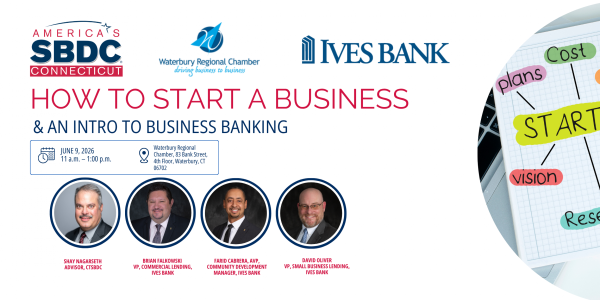 Promotional image for "How to Start a Business" workshop on June 9, 2026 in Waterbury