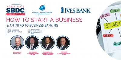 Promotional image for "How to Start a Business" workshop on June 9, 2026 in Waterbury