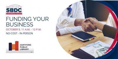 A promotional image for the Funding Your Business workshop at Hartford Public Library on October 9