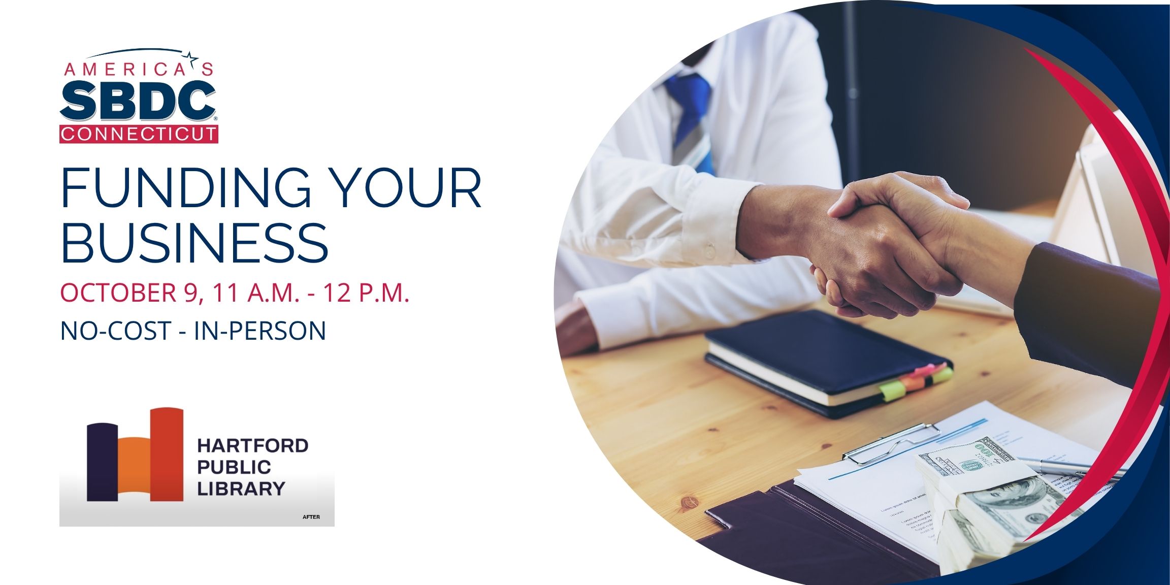 A promotional image for the Funding Your Business workshop at Hartford Public Library on October 9