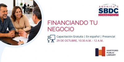 Promotional image for a "Funding Your Business" workshop in Spanish