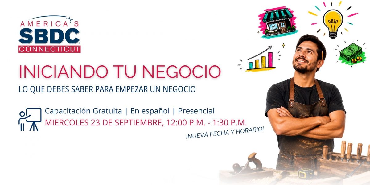 promotional image for "Iniciando tu negocio" workshop on Sept 23 at the Hartford Public Library