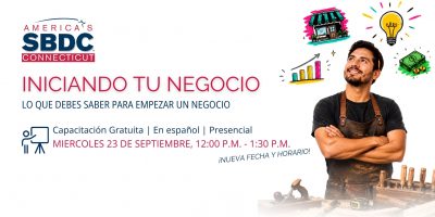 promotional image for "Iniciando tu negocio" workshop on Sept 23 at the Hartford Public Library