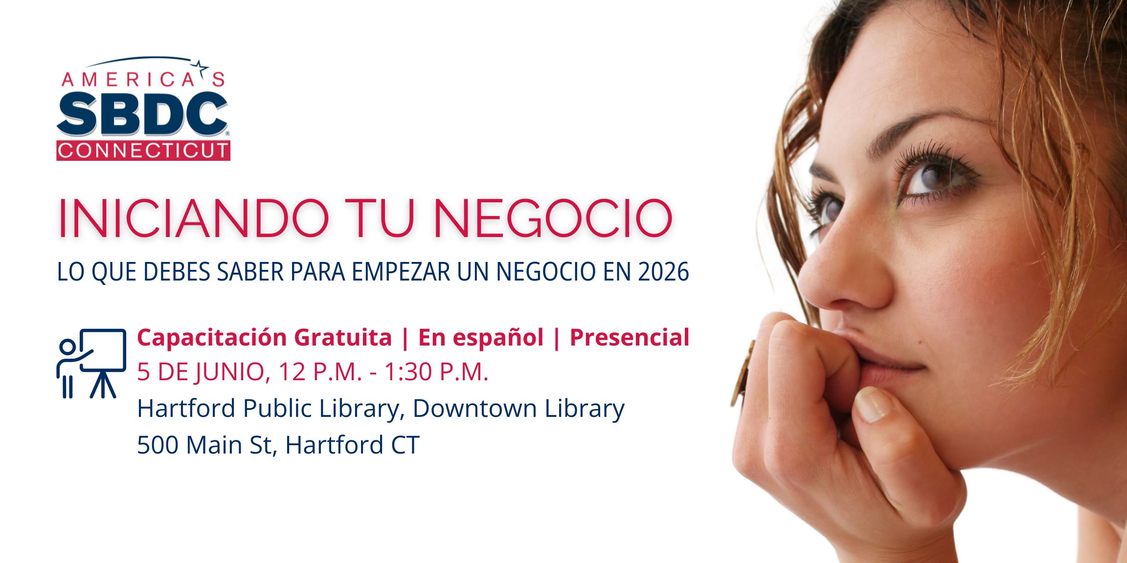 A promotional image for "starting Your Business" workshop in Spanish on June 5 at the Hartford Public Library