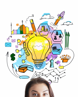 A woman with an active thought bubble above her head